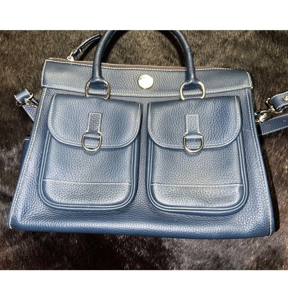 Dooney & Bourke Navy Blue Pebbled Leather Satchel Crossbody Bag Contrast Stitch